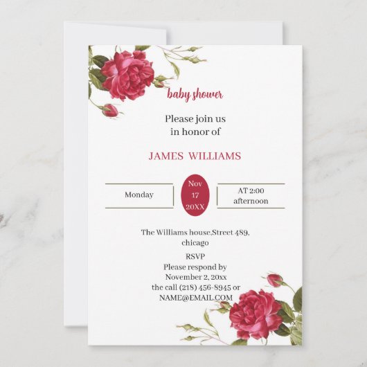 Elegante rote Blume, individuelle Babydusche Einladung (Vorderseite)