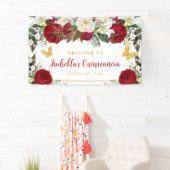 Elegante Rote Blume Schmetterlinge Quinceañera Banner (Insitu)