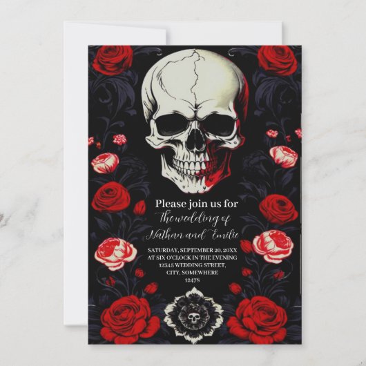 Elegante Rote Blume Skull Einladung Hochzeit (Vorderseite)