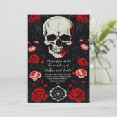 Elegante Rote Blume Skull Einladung Hochzeit (Stehend Vorderseite)