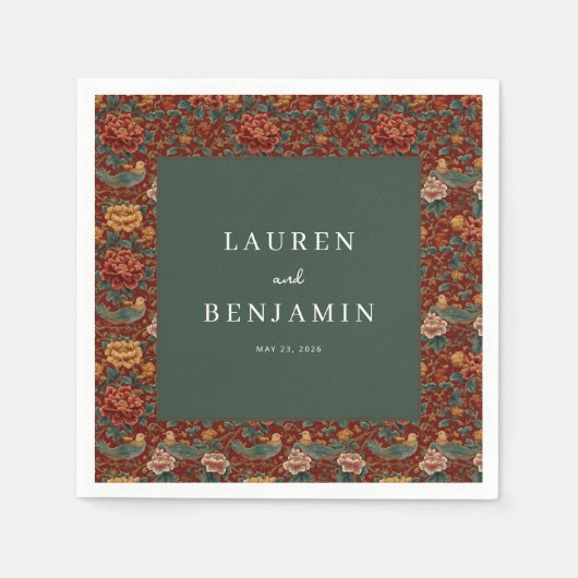 Elegante rote Blumen und Vögel Serviette (Vorderseite)