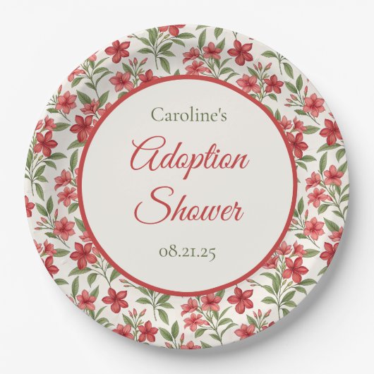 Elegante rote Blumengestecke Adoptionsshower Pappteller (Vorderseite)