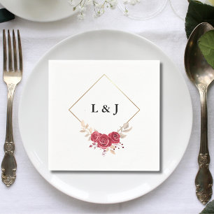Elegante rote Blumeninitialen mit goldenem Rahmen Serviette