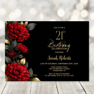 Elegante rote Blumenparty zum 21. Geburtstag Einladung