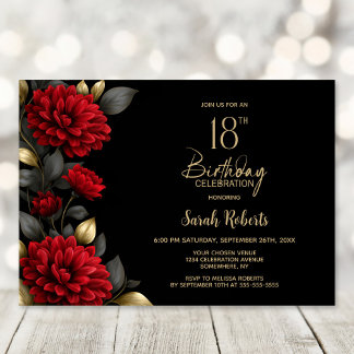 Elegante rote Blumentafel zum 18. Geburtstag Party Einladung