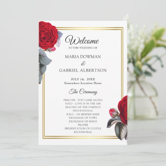 Elegante rote Blüte Rose. Botanische Hochzeit Programm (Stehend Vorderseite)