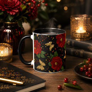 Elegante rote Blüten & goldener Schmetterling Tasse