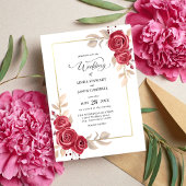 Elegante Rote Blütengoldrahmen Einladung zur Hochz