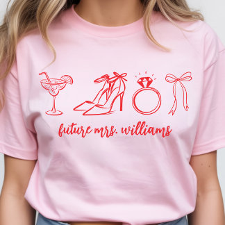 Elegante rote Braut, die Junggesellinnenabschied i T-Shirt