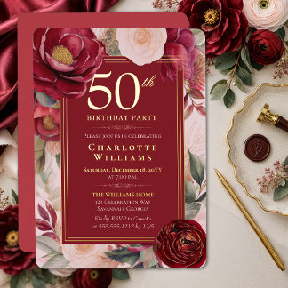 Elegante rote Camellia-Blumen zum 50. Geburtstag i Folieneinladung