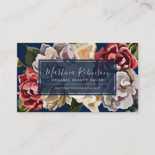 Elegante Rote Creme Blume auf Navy Blue Visitenkarte (Vorderseite)