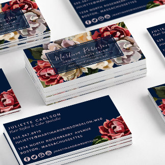 Elegante Rote Creme Blume auf Navy Blue Visitenkarte