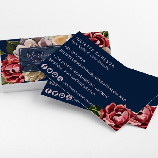 Elegante Rote Creme Blume auf Navy Blue Visitenkarte