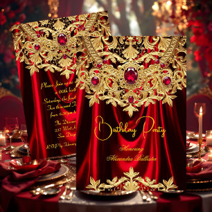 Elegante rote Edelsteine Goldspitze Damast Geburts Einladung