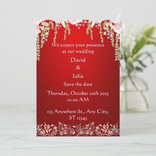 Elegante Rote Flora Einladung (Stehend Vorderseite)