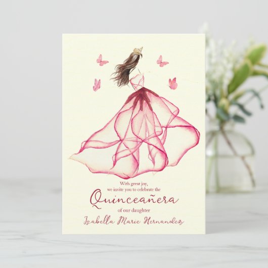 Elegante Rote Flora Lily Wasserfarben Quinceñera Einladung (Stehend Vorderseite)