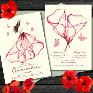 Elegante Rote Flora Lily Wasserfarben Quinceñera Einladung