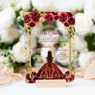 Elegante Rote Flora Prinzessin Gold Arch Quinceane Acryleinladungen
