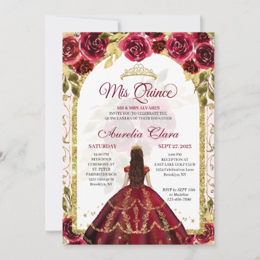 Elegante Rote Flora Prinzessin Gold Arch Quinceane Einladung (Vorderseite)