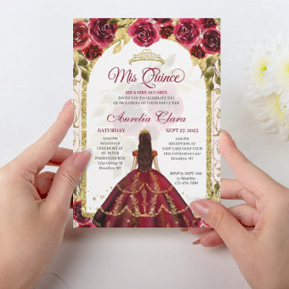 Elegante Rote Flora Prinzessin Gold Arch Quinceane Einladung