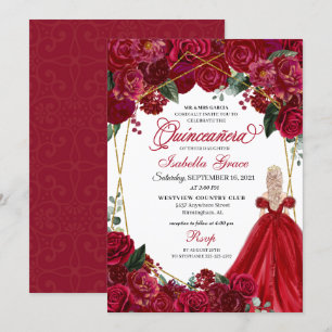 Elegante Rote Flora Quinceanera Geburtstagseinladu Einladung