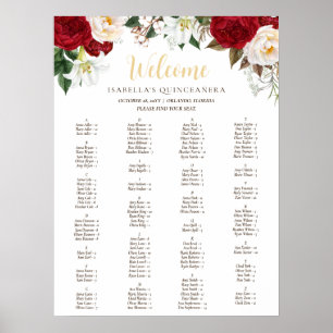 Elegante Rote Flora Quinceñera Seating Chart Poster