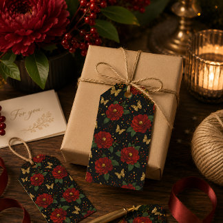 Elegante rote florale Gold-Schmetterling Geschenkanhänger