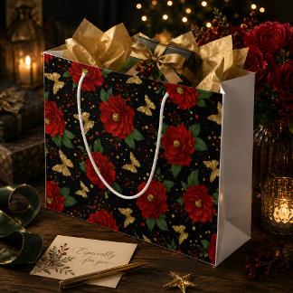 Elegante rote florale Gold-Schmetterlinge Große Geschenktüte