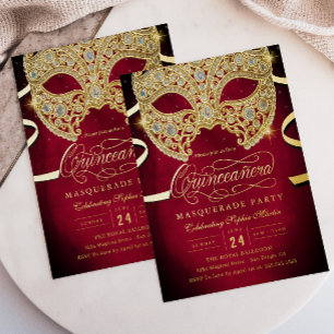 Elegante rote Gold-Masquerade-Quinceanera Folieneinladung