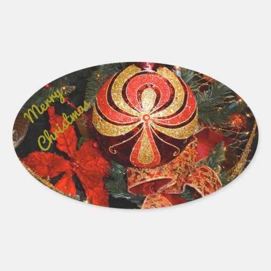 Elegante Rote Gold Weihnachtsschmuck Ovaler Aufkleber (Vorderseite)