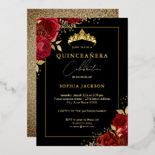 Elegante rote goldene Blumen-Rosen-Tiara Quinceane Folieneinladung