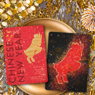 Elegante rote goldene Glitter-Ziege Lunar Neujahrs Einladung