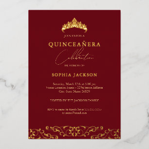 Elegante rote goldene Tiara Quinceanera Schrift Folieneinladung