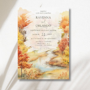 Elegante rote Herbst-Fluss-Wald-Hochzeit Einladung