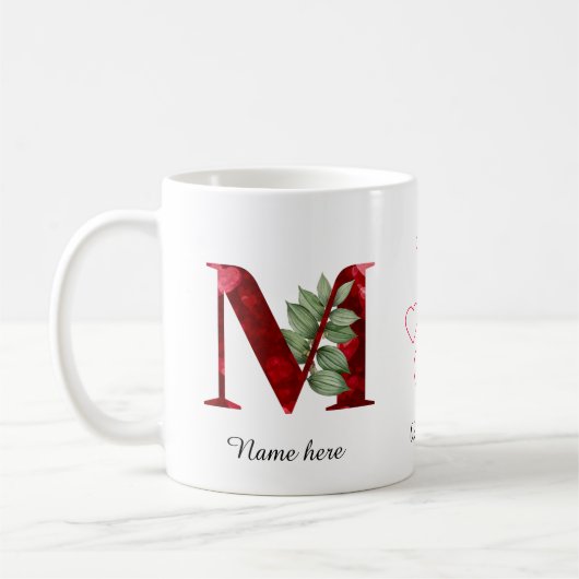 Elegante rote Herz-Blumen-Initiale M-Tasse Kaffeetasse (Links)
