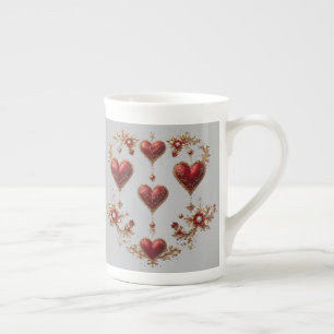 Elegante rote Herzen mit goldenen floralen Details Porzellantasse