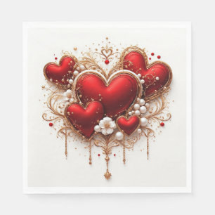 Elegante rote Herzen mit goldenen floralen Details Serviette