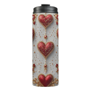 Elegante rote Herzen mit goldenen floralen Details Thermosbecher