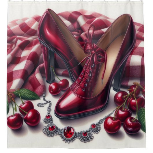 Elegante rote High Heels mit Cherry Duschvorhang (Vorderseite)