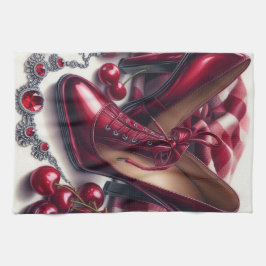Elegante rote High Heels mit Cherry Geschirrtuch