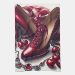 Elegante rote High Heels mit Cherry Geschirrtuch