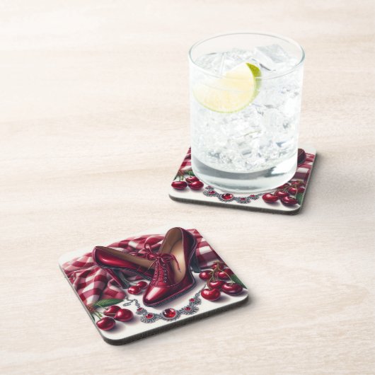 Elegante rote High Heels mit Cherry Getränkeuntersetzer (Rechte Seite)