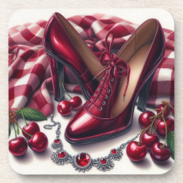 Elegante rote High Heels mit Cherry Getränkeuntersetzer