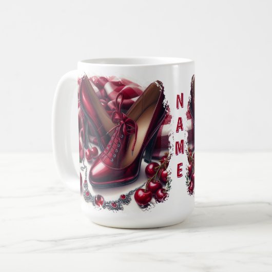 Elegante rote High Heels mit Cherry Kaffeetasse (Vorderseite Links)