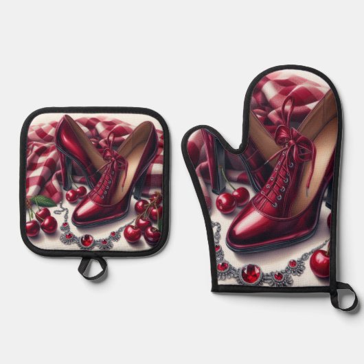 Elegante rote High Heels mit Cherry Ofenhandschuh & Topflappen-Set (Vorderseite)