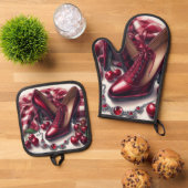 Elegante rote High Heels mit Cherry Ofenhandschuh & Topflappen-Set (Oben Unten)