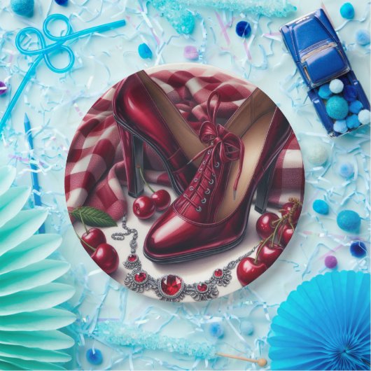 Elegante rote High Heels mit Cherry Pappteller (Party)