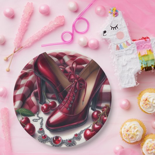 Elegante rote High Heels mit Cherry Pappteller (Party)