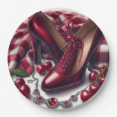 Elegante rote High Heels mit Cherry Pappteller (Vorderseite)