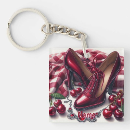 Elegante rote High Heels mit Cherry Schlüsselanhänger (Vorderseite)